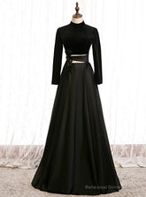 A-Line Black Satin High Neck Long Sleeve Prom Dress